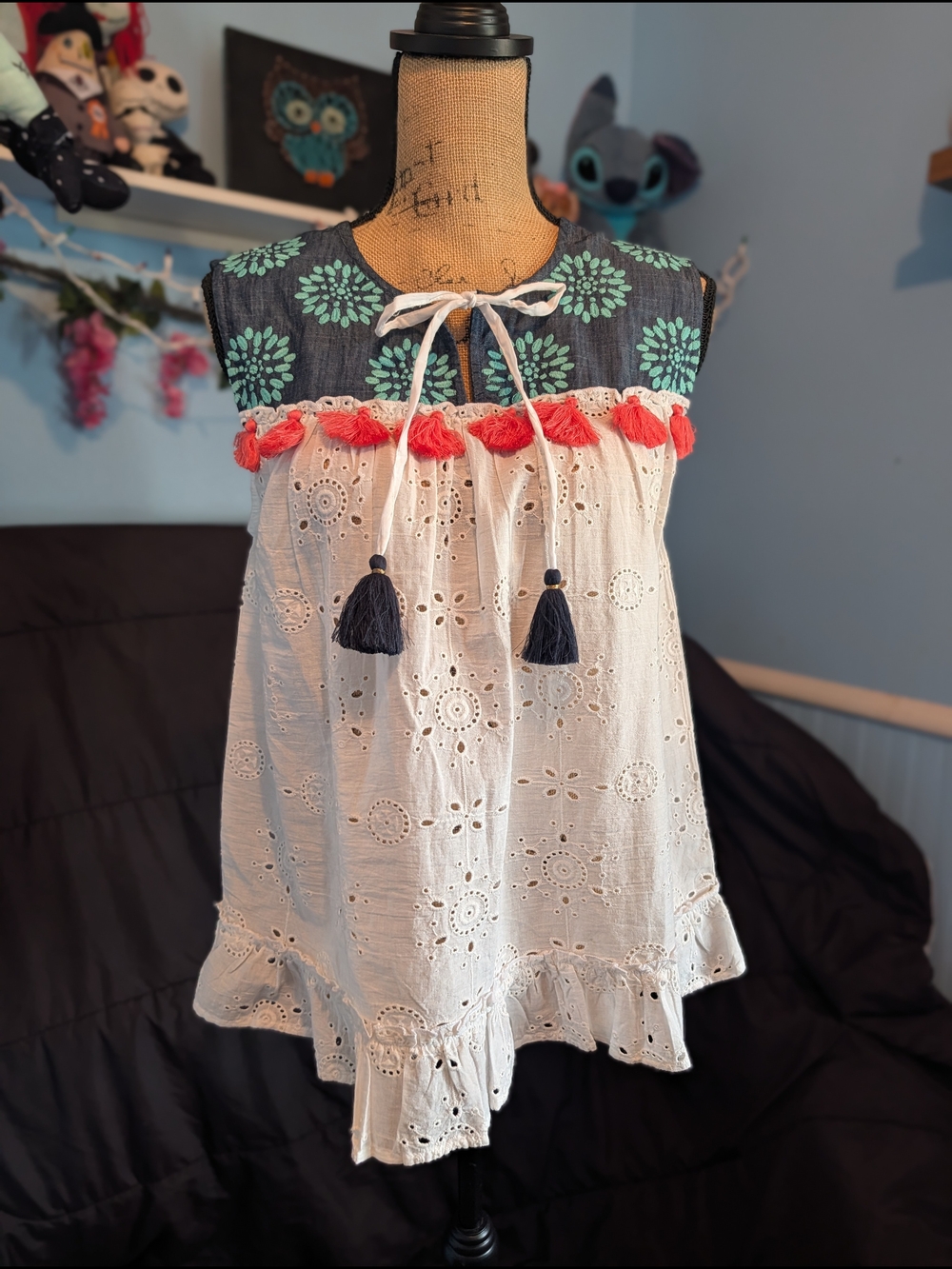 THML White Eyelet Dress with Navy & Teal Yoke and Coral Tassels
